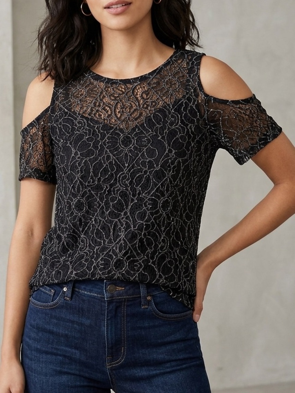 LOFT Black Floral Lace Cold-Shoulder Top
